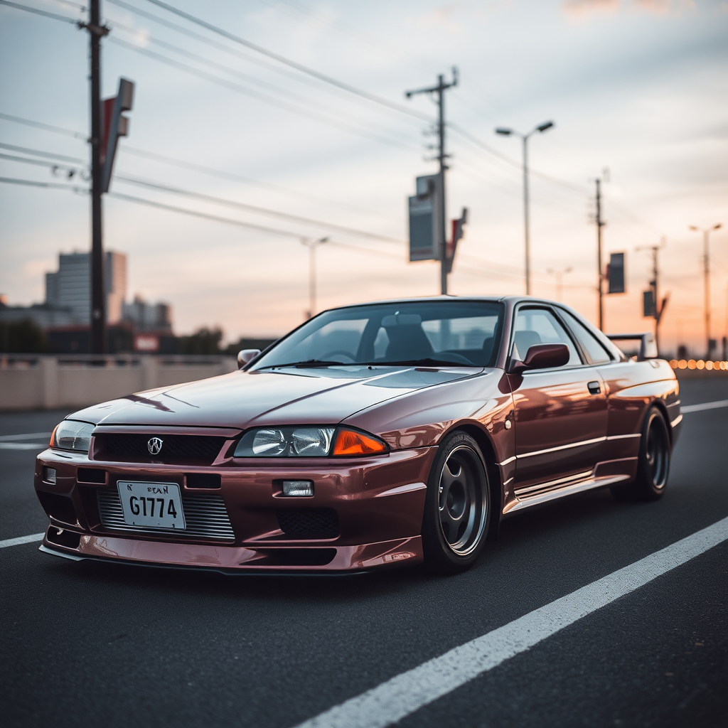 The car is parked on the side of the road, inspired by Taiyō Matsumoto, tumblr, restomod, nd4, c4 metallic shine nissan skyline r34 kalabalik tokyo gece arkaplan