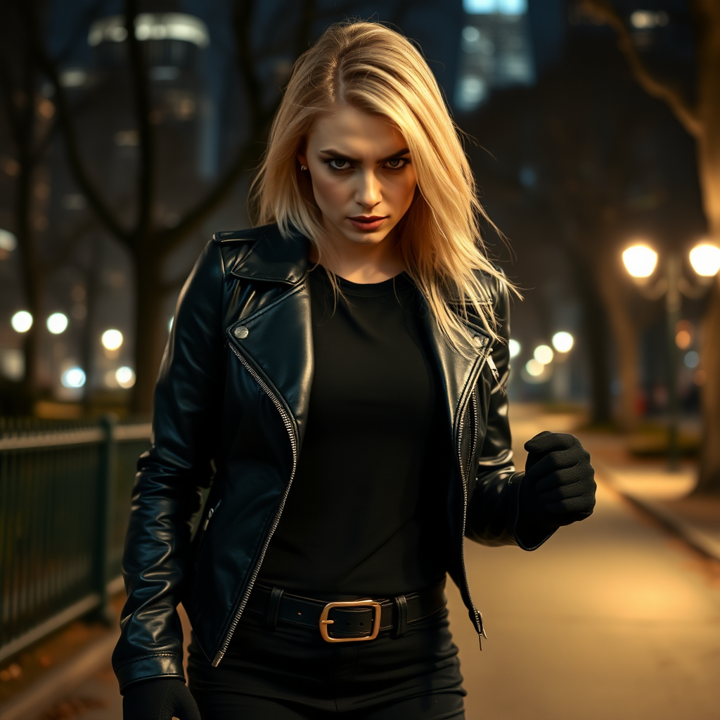 A beautiful blonde angry female burglar in black leather jacket over black t-shirt with black pants and gloves in Manhattan park at night.