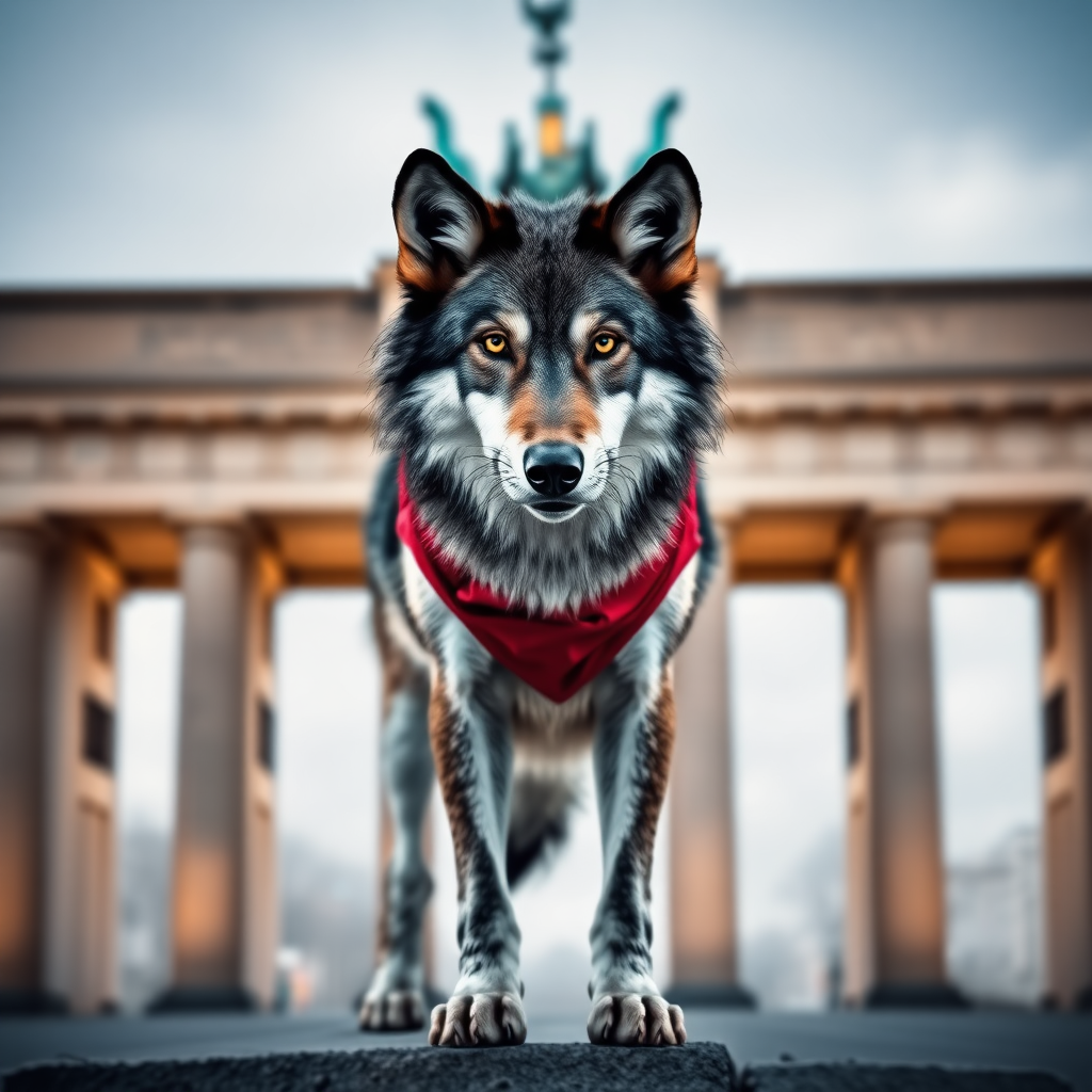 A wolf in black, white, and red stands in front of the Brandenburg Gate. Realistic photo.