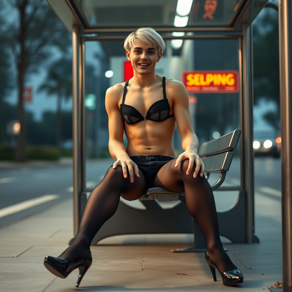 photorealistic, ultra high resolution, 16K, surreal fantasy, soft studio lighting, Swift is a pretty 20 year old male, slim male body, bulging male crotch, short blonde hair, goth makeup, 1950s trainer-bra, sheer black pantyhose, black stiletto shoes, sitting at a bus stop on a bench, excited smile, facing the camera. Negative: grainy, blurry, bad anatomy, extra limbs, watermark.