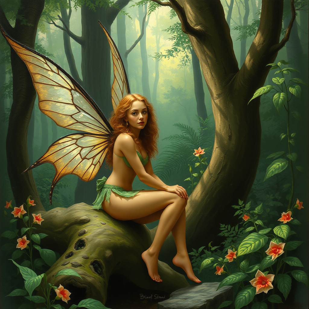 A classic forest scene with an attractive and seductive fairy. The scene is lush with the art styling of Brian Stroud.