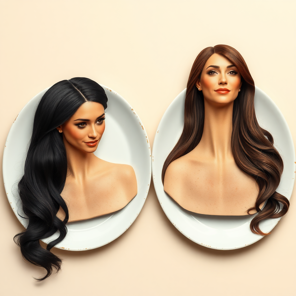 The disembodied heads of very long haired Meghan Markle and Kate Middleton served on plates.