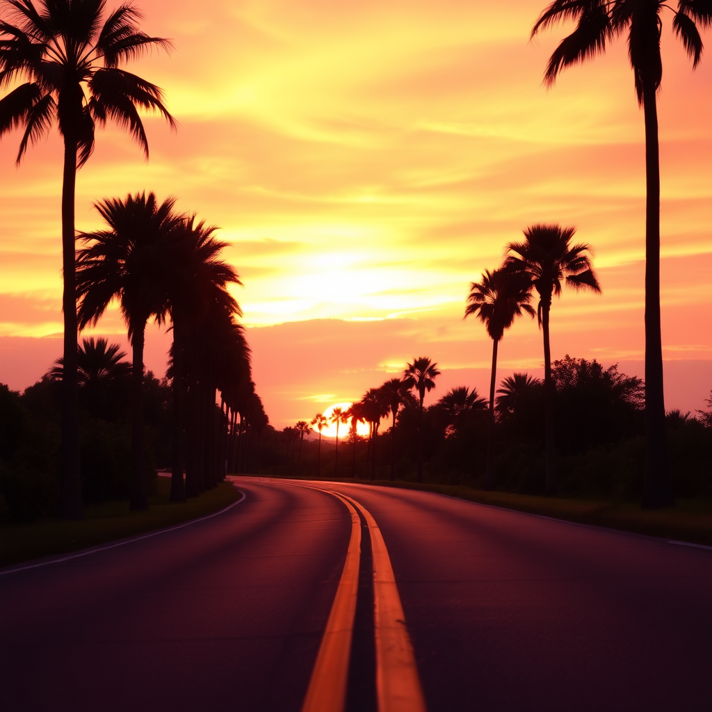 This is a tranquil sunset scene captured at a low angle along a winding road bordered by tall palm trees. The road features a prominent yellow line that draws the viewer's gaze outward. The sky is a breathtaking blend of warm orange, deep purple, and soft pink, reflecting the atmosphere of a serene golden hour. The soft silhouettes of lush greenery on either side create a sense of depth, while the fading sunlight casts gentle shadows. The image emphasizes color and ambiance over precise detail, evoking a peaceful feeling in the style of Impressionist painters.