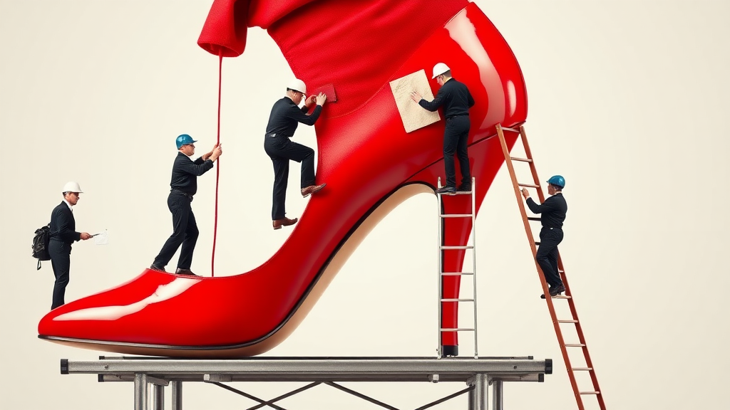 I would like to see a photograph in which a red women's shoe with stiletto heel is prominently displayed. On the shoe are 5 workers at work. Two persons are painting the shoe red. Another is sanding the shoe. A fourth person is removing some damage and the fifth is supervisor. Scaffolding and ladders are being used. Relative to the workers, the height of the shoe is 10 meters.

The whole image should convey that work is being done to refurbish the shoe

Note that the scaffolding is crucial.