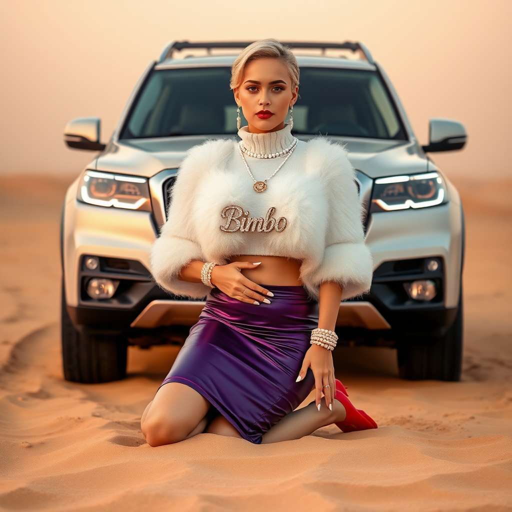 Kuwait desert dunes misty dawn, full size luxury SUV: Melissa, European 17 years old very convincing femboy “trophy-bimbo”, tamed servile docile, very beautiful feminine flawless face, rather short, by hormones very curvaceous womanly figured, platinum blond short tight curls, bold red lips, long white French nails, heavily made-up face, wearing Supertanya-style fluffy very fuzzy bright white angora turtleneck-poncho cropped ending under bust decorated with pearls and glass stones, very tight purple vinyl midi pencil skirt, bright red pumps with golden very high heels, white pearl belly piercing, full Oriental bridal jewelry including headpiece, nose-ring, coin wristlets, coin anklets, striking diamond “Bimbo” letter brooch on left chest, thick heavy pearl wristlets, pearl anklets, pout frustrated, kneeling in sand in front of SUV, looking at camera. Focus on face and turtleneck-poncho.