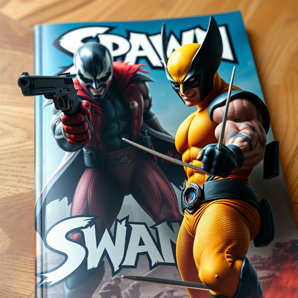 On a comic book cover is Spawn holding a gun Vs Wolverine in Cinematic Real3d photo-realistic quality.