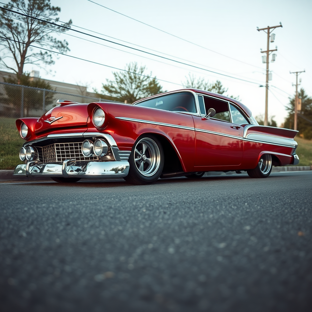 the drag car is parked on the side of the road, inspired by Taiyō Matsumoto, tumblr, restomod, nd4, c4 metallic shine candy red classic american low rider custom ford