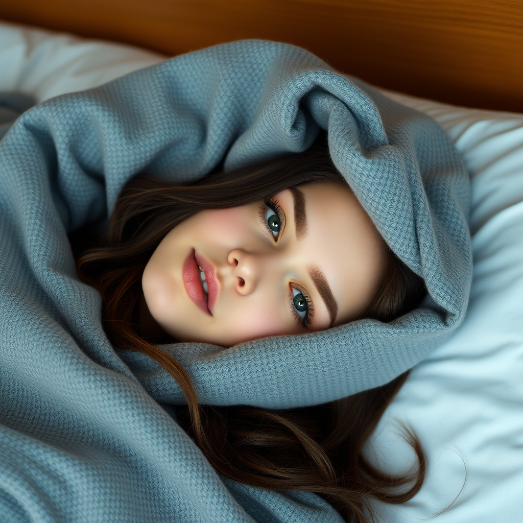 a young woman laying on her bed. brunette hair. completely covered by a blanket. only face visible. no makeup. photo