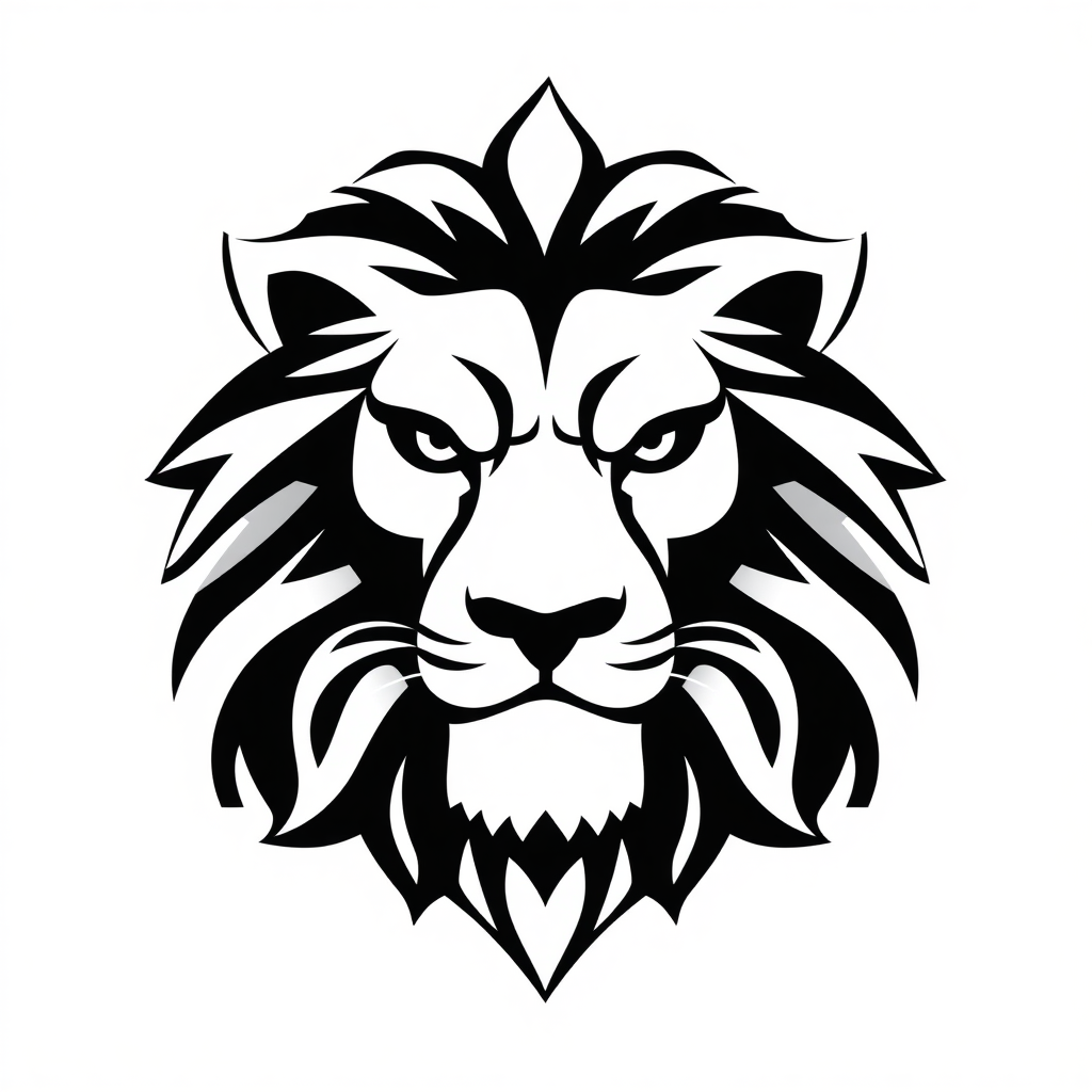 Create a logo design of a stylized lion. The logo should feature a bold and elegant representation of a lion's head, incorporating geometric shapes and smooth lines. Use a monochromatic color scheme, emphasizing black and white contrasts. The design should convey strength and majesty, suitable for a sports team or a brand. The background should be simple to ensure the lion logo stands out prominently.