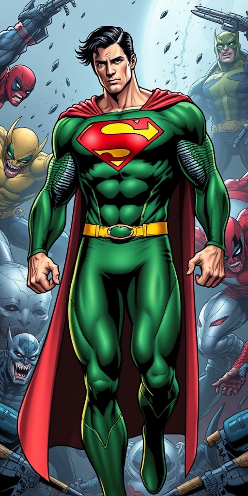 Create a full-length image of Superman transformed into Rogue from the Marvel Universe, post-cosmic wave accident. Depict him mid-battle, confused, looking at his new feminine physique, wearing Rogue's classic green and yellow bodysuit. Surround him with Marvel villains in a chaotic battle scene, leaving no time for adjustment to his new form.