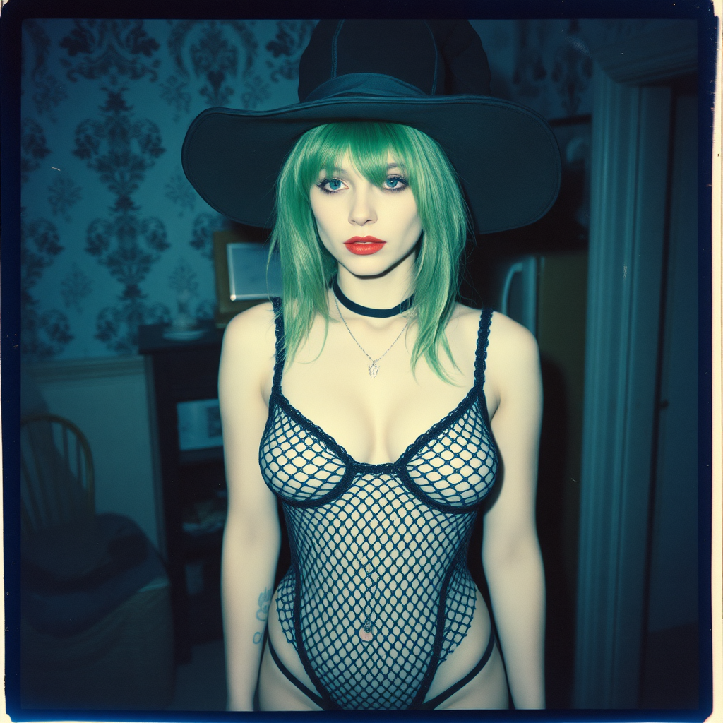 Scan of an old polaroid photo with heavy dark vignetting and a blue color tint to the photograph and visible light leaks. The photo depicts a sexy alt goth girl with pale skin and green hair. She has large breasts with ample cleavage and is wearing a black fishnet bodysuit. She is wearing a witch hat. The image looks hazy and grungy. She is in an old house with wallpaper on the walls. Dark lighting with camera flash used. Candid. She is wearing a black thong.