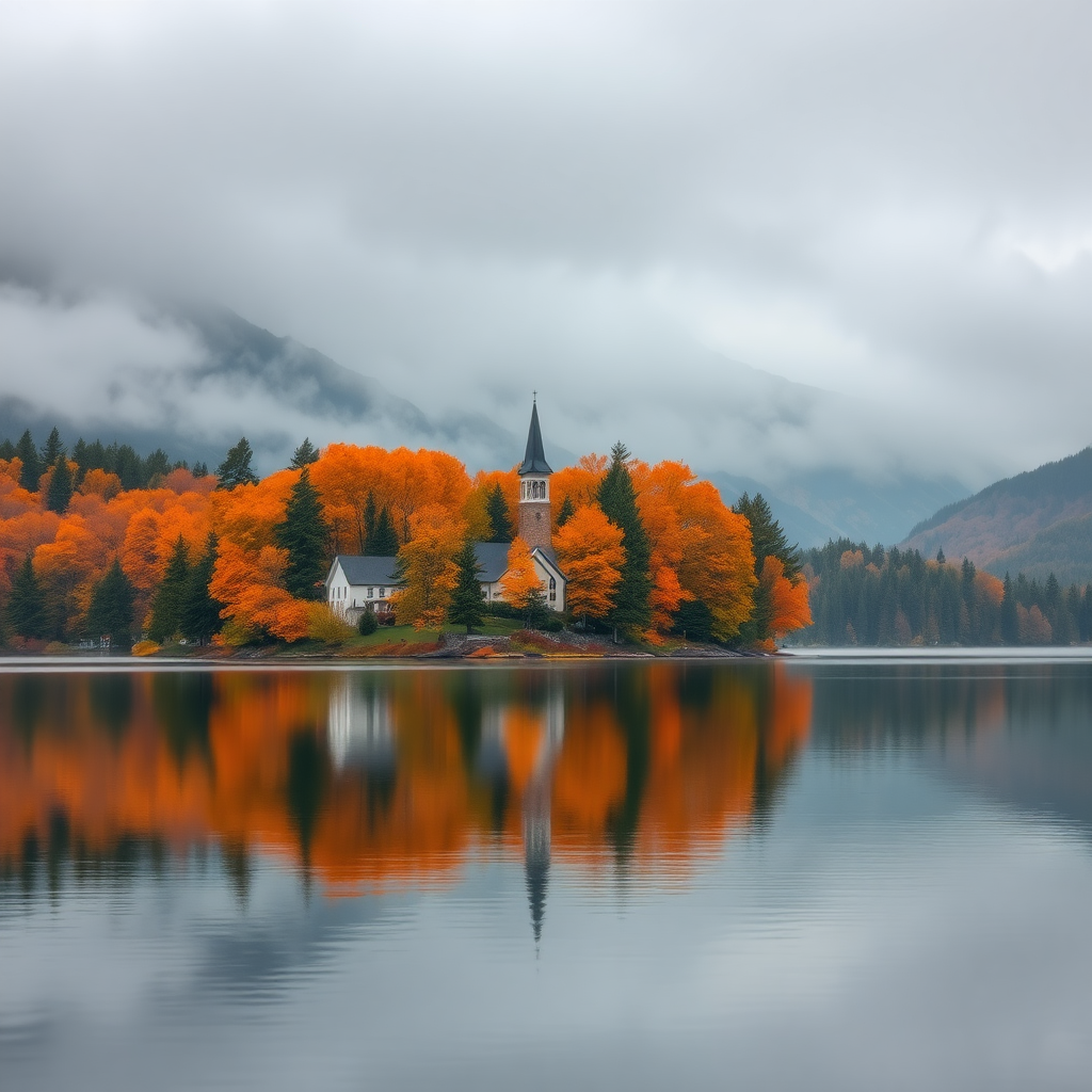 a tranquil lakeside scene during autumn with a reflective surface, featuring a quaint church with a steeple nestled among a carpet of vibrant orange and evergreen trees. The background showcases mist-covered mountains, partially obscured by soft clouds, creating a serene and dreamy atmosphere. The color palette includes deep greens, warm oranges, and muted greys, enhancing the peaceful mood. The overall aesthetic leans towards hyperrealism, emphasizing crisp details in the foliage and water reflections, capturing a sense of calm and solitude in nature.