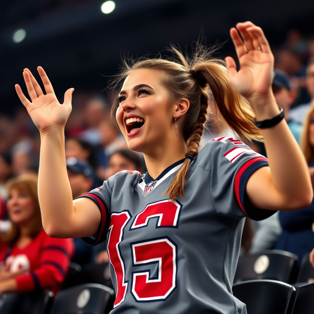 Attractive female NFL fan, pigtail hair, cheering wildly, bleacher row