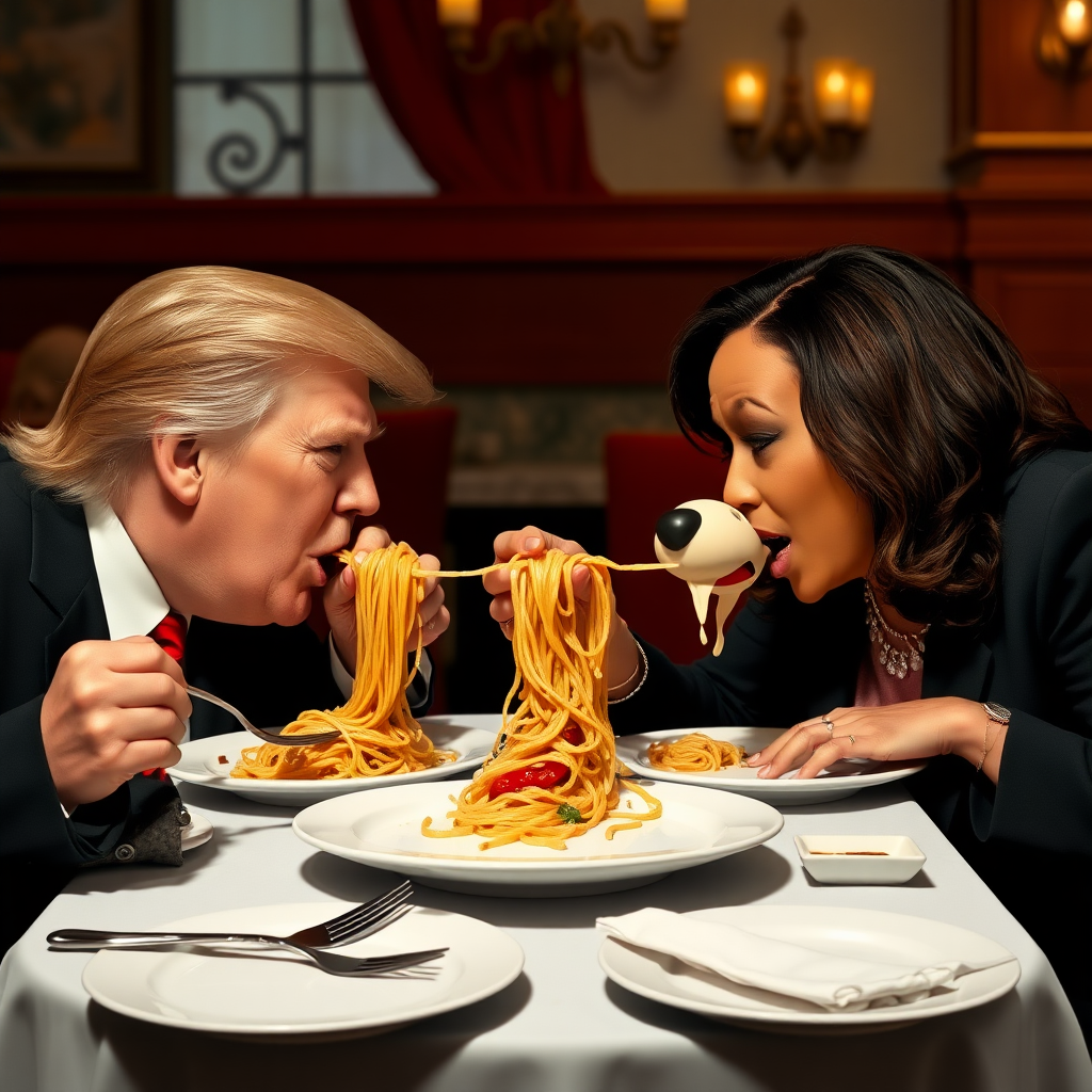 Photoreal style. Donald Trump and Kamala Harris eating in an Italian restaurant a la the one in 'Lady and the Tramp.' Both humans are eating spaghetti from the same plate, and like in the movie, they end up eating the same strand of pasta, making their heads close to each other.