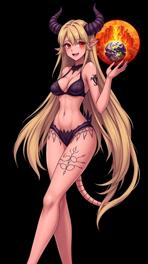 Anime, Black background, A mischievous tall-slender demon girl, perfect, red lips, long blond hair, wearing sexy-micro bikini-bra-like clothing, g-string, Womb tattoo on belly, mischievous smile, large breast, full body, long-legs, looking at viewer, speech bubble with a burning-city, holding the earth