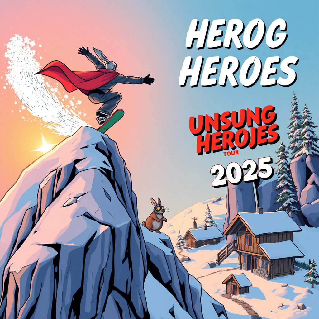 {
  "size": "1024x1792",
  "prompt": "A clean, modern comic book-style poster for the Unsung Heroes Tour 2025. The snowboarder is the main focus, seen from above, dramatically launching off a snow-covered rocky cliff into the unknown. The snowboarder should have no animal-like features (no bunny ears) and is about 1.5x the size of the snowshoe hare, which is much smaller and positioned far below in the background. The snowboarder's hero cape flutters behind them, adding a sense of adventure. A small snowshoe hare, significantly smaller than the snowboarder, is standing on its hind legs, wearing oversized headphones, looking up at the snowboarder from the ground with a comically exaggerated, awestruck expression. At the bottom of the hill is a rustic wooden lodge, clearly visible and representing the cozy, independent nature of the ski resort. The vibrant scene takes place during a sunrise, with warm, glowing colors filling the sky, enhancing the overall energy of the poster. The title 'Unsung Heroes Tour 2025' is clearly, accurately and prominently displayed in a bold, 3D comic book-style typeface. The overall style is clean, energetic, adventurous, and visually cohesive."
}