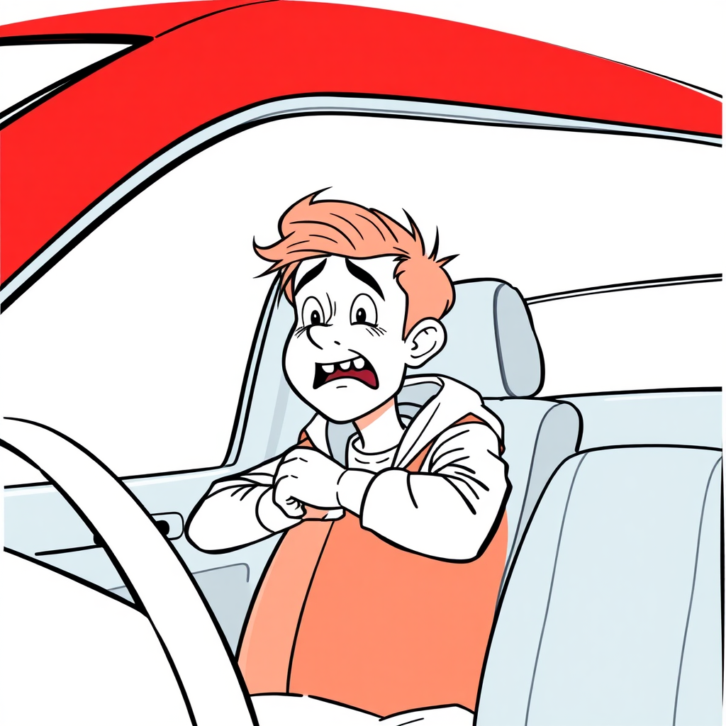 short, excited, embarrassed, sweating, 17 year old european boy, detailed features, sitting inside a red VW Polo III long establishing shot, 2D, caricature, cartoon, Sketch lines, coloring book, coloring book style on white background, well composed, clean coloring book page, No dither, no gradient, strong outline, No fill, No solids, vector illustration, side view, vector illustration, movement lines