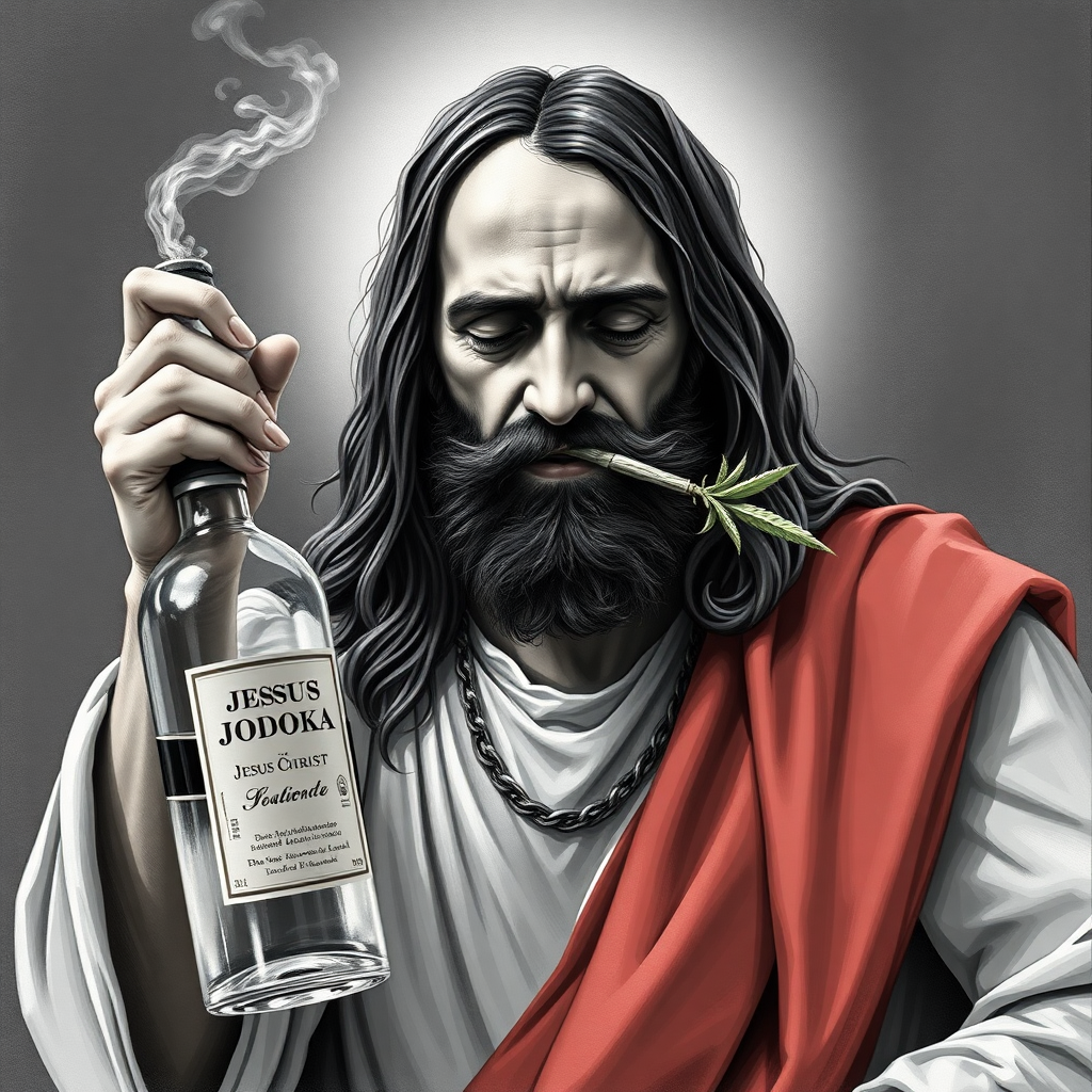 Drunk Jesus Christ, with bottle of vodka in one hand and a joint in mouth.