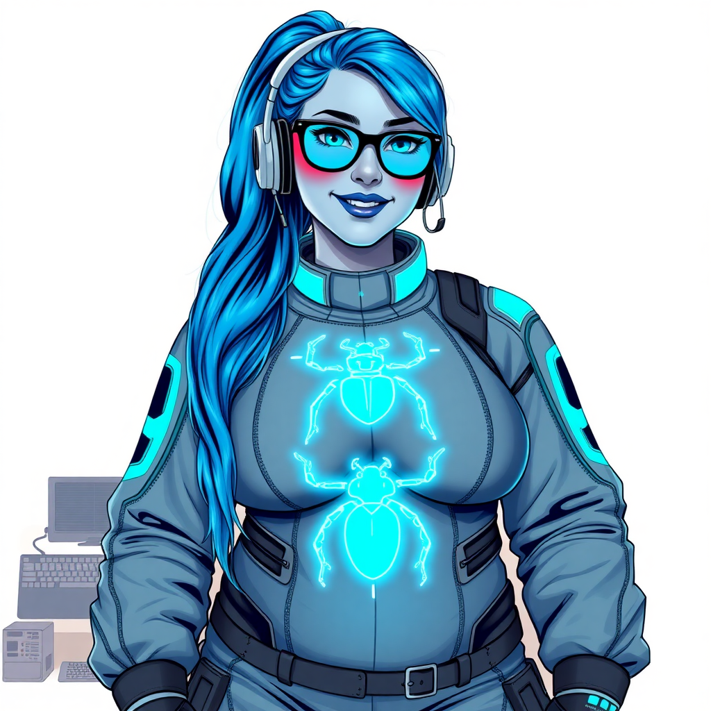 A nerdy, full-figured middle gray 29-year-old computer program hybrid with a long, maximum blue ponytail. She wears maximum blue lipstick and has bright blue eyes. Her outfit includes a digital, computerized, middle gray biker suit featuring a neon blue glowing beetle chest icon. She sports a sapphire headset and black eyeglasses, with a lovestruck smile and neon red blush. Her full figure reflects the doting care of her vigilante boyfriend. As his tech expert, she works diligently at her lab table in their hideout. The background is solid white. She has a prominent, gargantuan, round midsection, titanic limbs, and broad shoulders. Her neon glowing turquoise skin highlights her digital nature. She is drawn as if she was in a retro 2D cyberpunk fighting game.