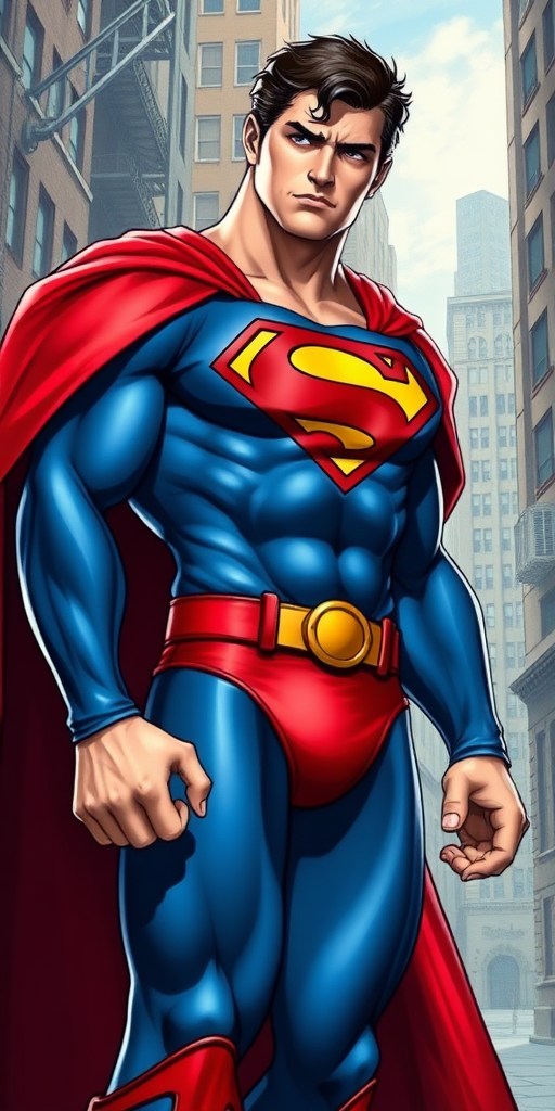 Create a full-length image of Superman, unexpectedly transformed into Cammy White from the Street Fighter universe due to a multiverse shift. Depict him in a moment of bewilderment, struggling to adjust to his new body and the loss of upper body strength. Show him trying to steady himself, dealing with the unfamiliar feelings and lower center of gravity. He should still have his traditional Superman colors (blue, red, and yellow) incorporated into Cammy's attire. His facial expression should convey confusion and determination. The background can be a blend of Metropolis and Street Fighter's urban settings to reflect the multiverse merge.