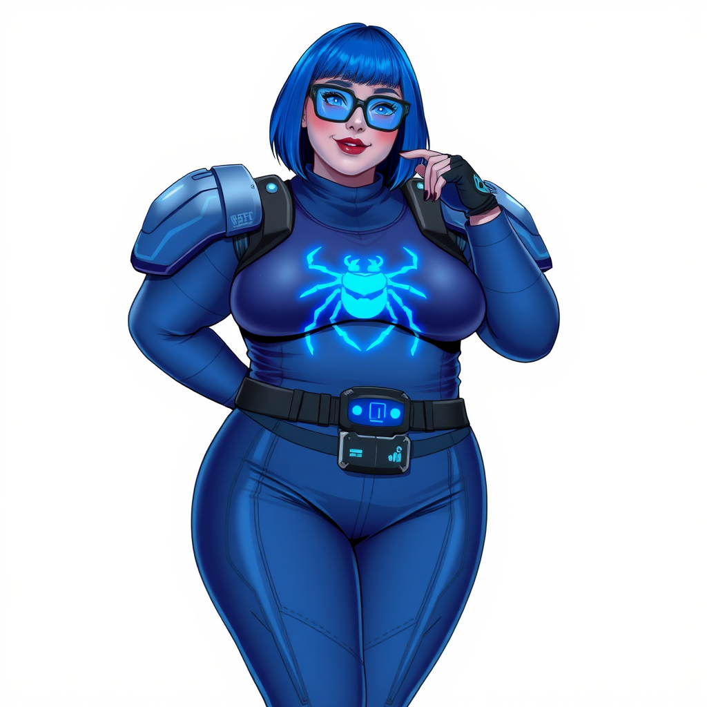 A 28-year-old, full-figured, metallic maximum blue (5PB 5/10) skinned computer program hybrid with a maximum blue bob cut. She has a non-athletic build, highlighted by a prominent, round, large midsection (with heavy emphasis on her round large belly), which shows the effects of her love of junk food acquired from her boyfriend. As the full-figured, nerdy, digital sidekick to her cyberpunk vigilante boyfriend, her metallic maximum blue skin and maximum blue lipstick (5PB 5/12) emphasize her digital nature. Her skin has a subtle, animated glow, with digital patterns occasionally flickering across it, making her digital nature obvious. She wears a digital, computerized costume, consisting of a massive, tight-fitting, maximum blue biker shirt (5PB 5/12) made out of advanced nanotech with a neon blue glowing chest icon of a beetle, hi-tech shoulder pads with neon blue accents, a black hi-tech belt with a digital neon blue glowing buckle, digital maximum blue biker pants (5PB 5/12) with neon blue accents, and black hi-tech fingerless biker gloves with neon blue glowing accents. Her neon blue glowing eyes, black eyeglasses with neon blue glowing lenses equipped with a built-in HUD, and bashful smile with neon red blush accentuate her nerdiness. She stands bashfully with one hand behind her back and the other hand gently touching her cheek, her costume covering all her skin and emphasizing her full figure (especially her round large belly). She is clearly non-athletic, with a focus on her full-figured physique. Despite her build, she radiates beauty. She has a slim face compared to her physique, accentuating her radiant beauty. She is on a solid white background. She is drawn as if she were in a retro 2D cyberpunk fighting game.