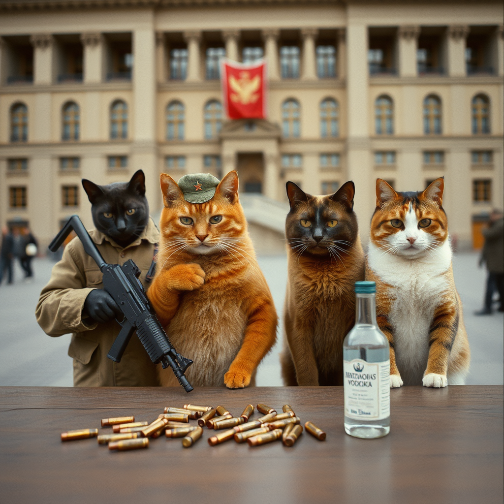 4 cat-men not looking at the camera in a large square, a dark-skinned man holding an AK-47, an orange one with a Russian military cap, a dark brown and a light brown one, USSR communists with vodka, behind a table with bullet casings on it (film photography style)