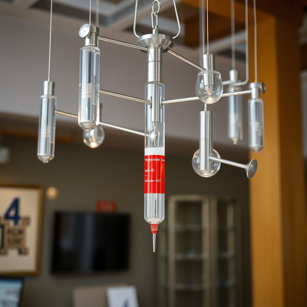 A mobile in the shape inspired by a syringe, metallic futuristic, kept for sale, in the showroom.