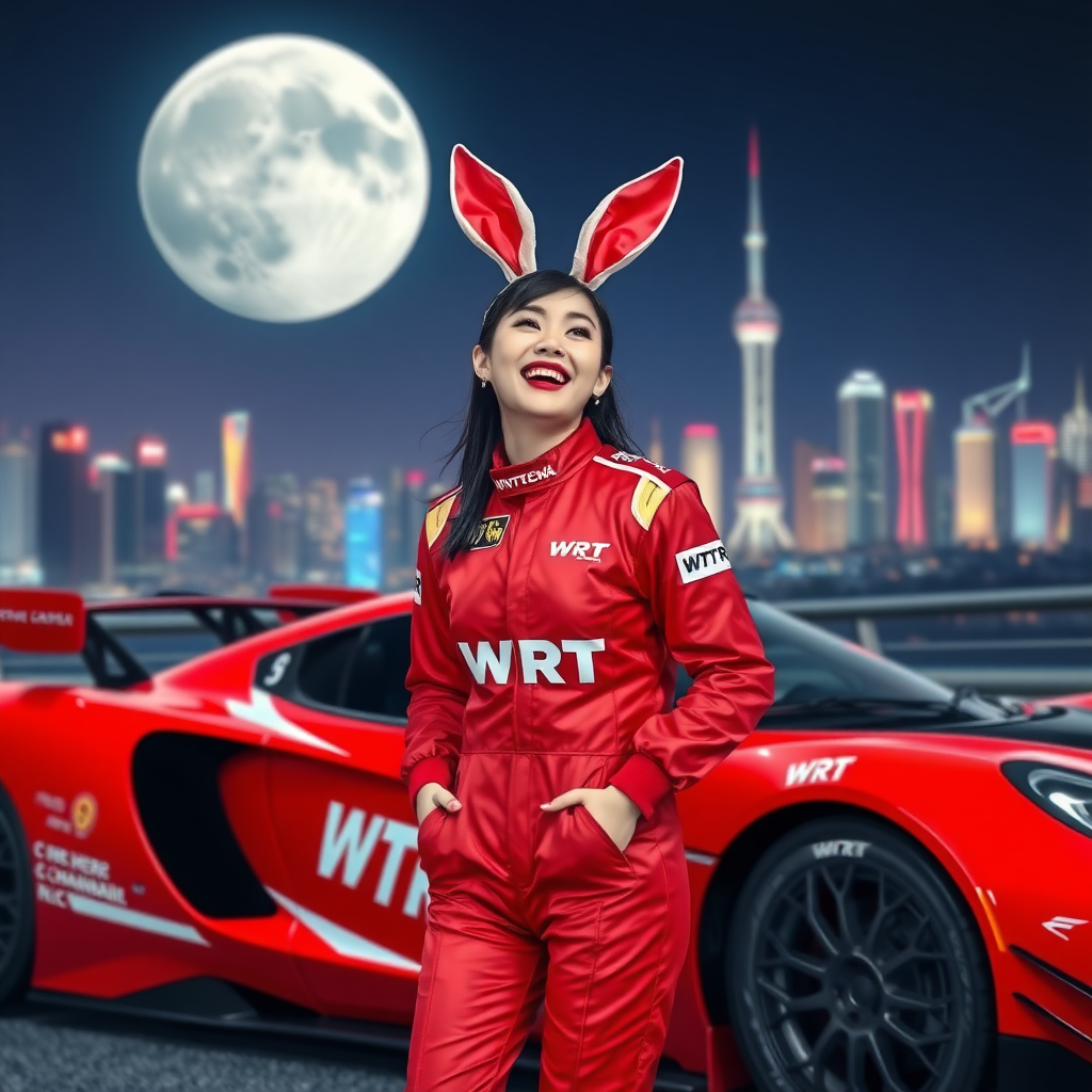 The red racing car only has "WRT" written on its body, and the Chinese beauty racer wearing rabbit ears is laughing. The red racing suit also has "WRT" written on it, with the background featuring the night view of Shanghai and a huge moon.