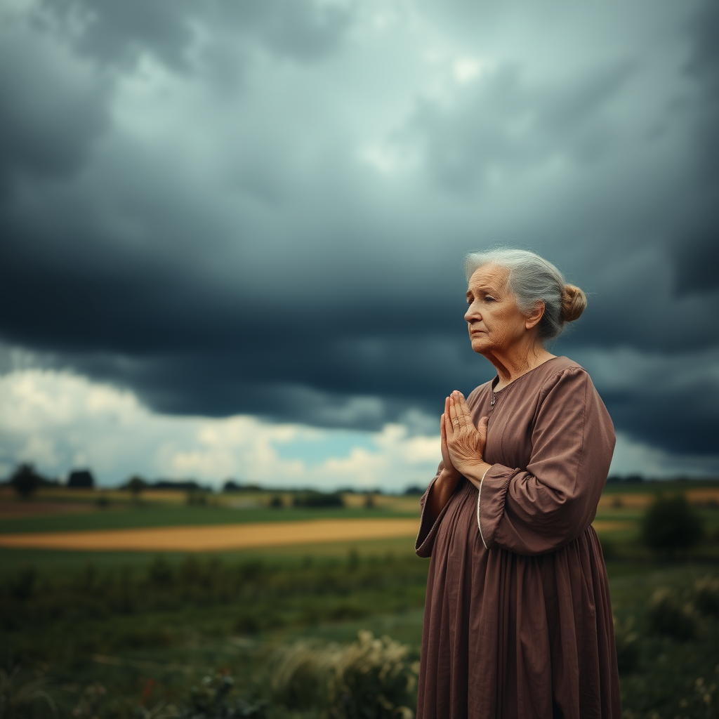 Very cloudy black sky with an elderly woman worried in a long dress with her hands joined in prayer in the Venetian countryside, hair tied up.