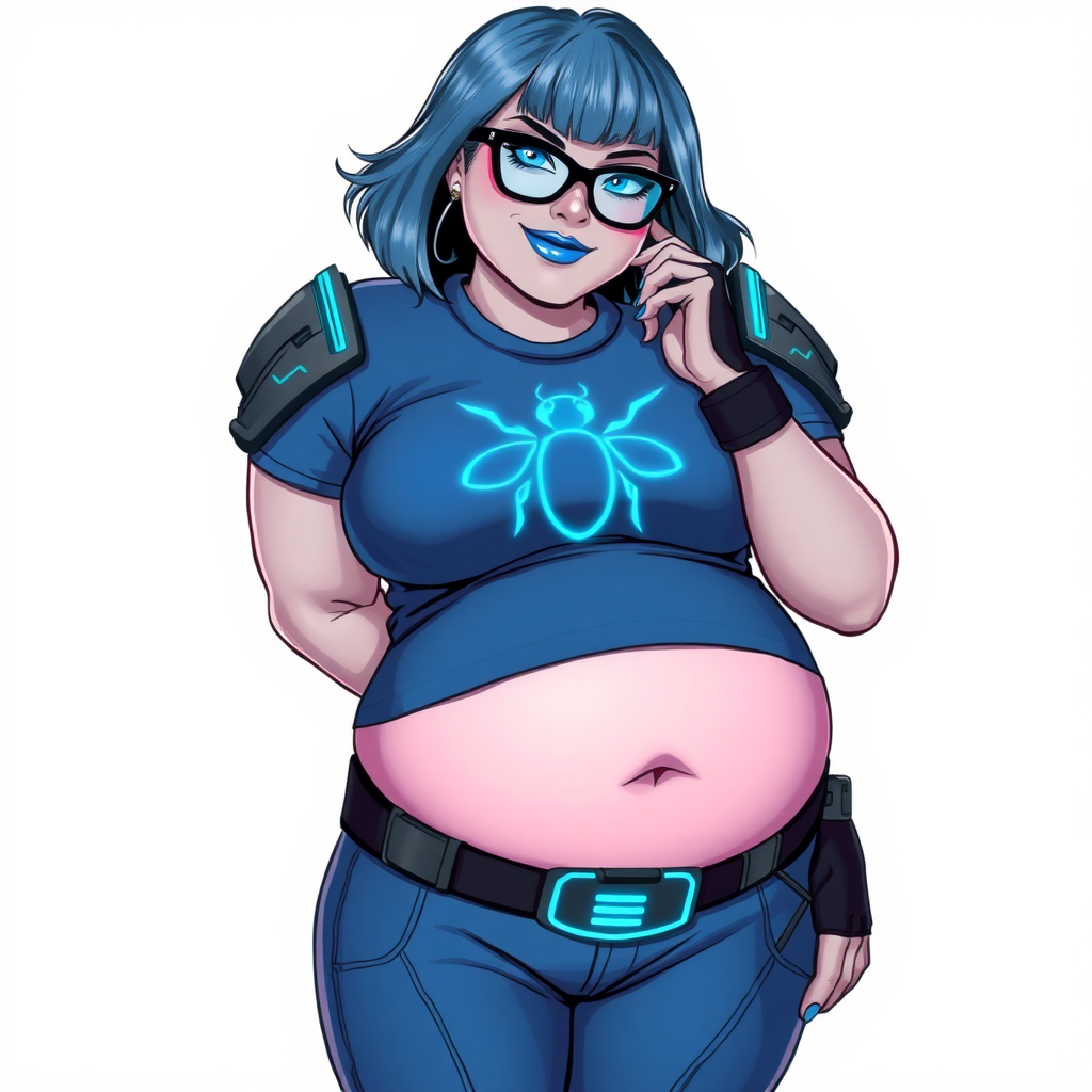 A 28-year-old, full-figured, metallic middle gray skinned, computer program hybrid with a maximum blue bob cut. She has a non-athletic, full-figured build, highlighted by a prominent, round, large midsection (with heavy emphasis on her belly). As the full-figured, nerdy, digital sidekick to her cyberpunk vigilante boyfriend, her metallic middle gray skin and maximum blue lipstick emphasize her digital nature. She wears a digital, computerized costume inspired by DC’s Carrie Kelly Robin, consisting of a huge, tight-fitting, maximum blue t-shirt with a neon blue glowing beetle chest icon, hi-tech shoulder pads with neon blue accents, a black hi-tech belt with a digital neon blue glowing buckle, digital maximum blue pants with neon blue accents, and black hi-tech gloves with neon blue glowing accents. Her bright blue eyes, black eyeglasses with neon blue glowing lenses with a built-in HUD, and shy smile with neon red blush accentuate her nerdiness. She stands bashfully with one hand behind her back and the other hand gently touching her cheek, her costume covering all her skin and emphasizing her full-figured physique (especially her belly). She is clearly non-athletic, with a heavy focus on her large belly. Despite her build, she radiates beauty. She has a slim face compared to her physique, accentuating her radiant beauty. She is on a solid white background. She is drawn as if she were in a retro 2D cyberpunk fighting game.