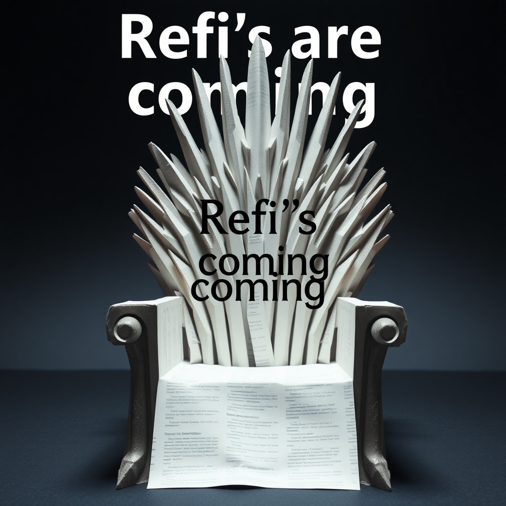 The game of thrones chair made out of paper. The text in the background says “Refi’s are coming”. (Refinancing, mortgage lending vibes.) The image is photorealistic, cinematic, and epic.