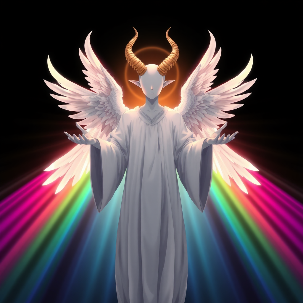 (Anime-styled art) Set against a deep black backdrop, a radiant, rainbow-hued barrier shimmers with vibrant, shifting colors. At its center stands a genderless, faceless figure, completely devoid of features—no eyes, no mouth, no expression. The being exudes an unsettling yet angelic presence, its skin a flawless, pale silver-white. From its head curve two golden, goat-like horns, amplifying its eerie aura. Four immense, glowing angelic wings spread from its back, each feather softly illuminated. Clad in flowing white robes that ripple with divine energy, its outstretched hands seem to command an otherworldly force. Both captivating and terrifying, this ethereal figure embodies a striking balance of beauty and dread.