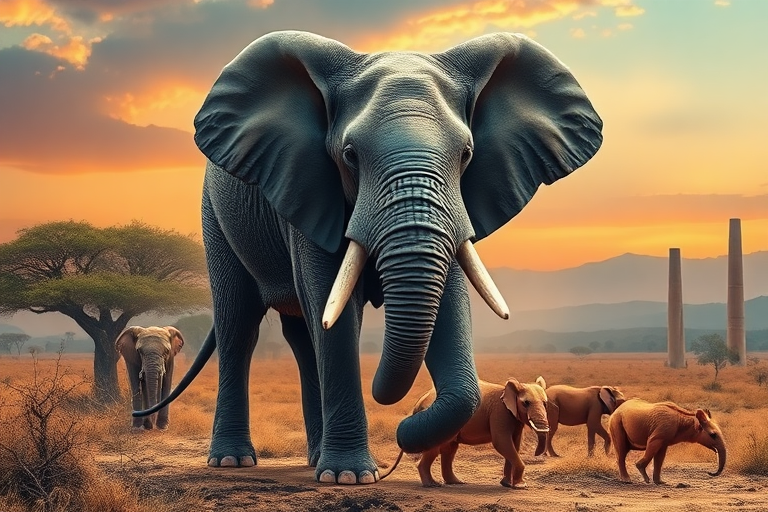 Generate a full-length photorealistic image of an elephant, utilizing the frame and silhouette of a mouse while keeping the elephant's head intact, showcasing its distinct facial features. The skin should resemble the texture of an elephant, and fur elements should hint at a mouse's softness. The background should blend colors and textures inspired by both animals, incorporating savanna landscapes and urban environments to create a harmonious yet whimsical scene. Focus on lighting that highlights the unique characteristics of the combined creature, enhancing the surreal yet believable nature of the artwork.