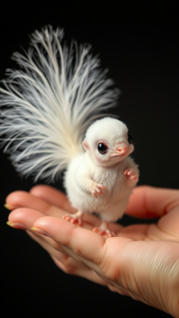 A small tiny cute chubby big eyes big perfect tail real white dancing peacock with tail on hand