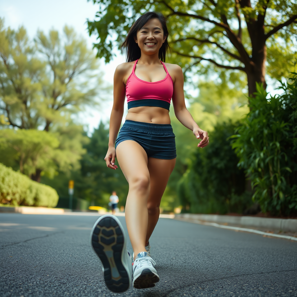 photo full body shot low angle view Hina Kikuchi wearing sports bra. She is walking and smiling. The image is shot from below. The sole of her foot is visible.