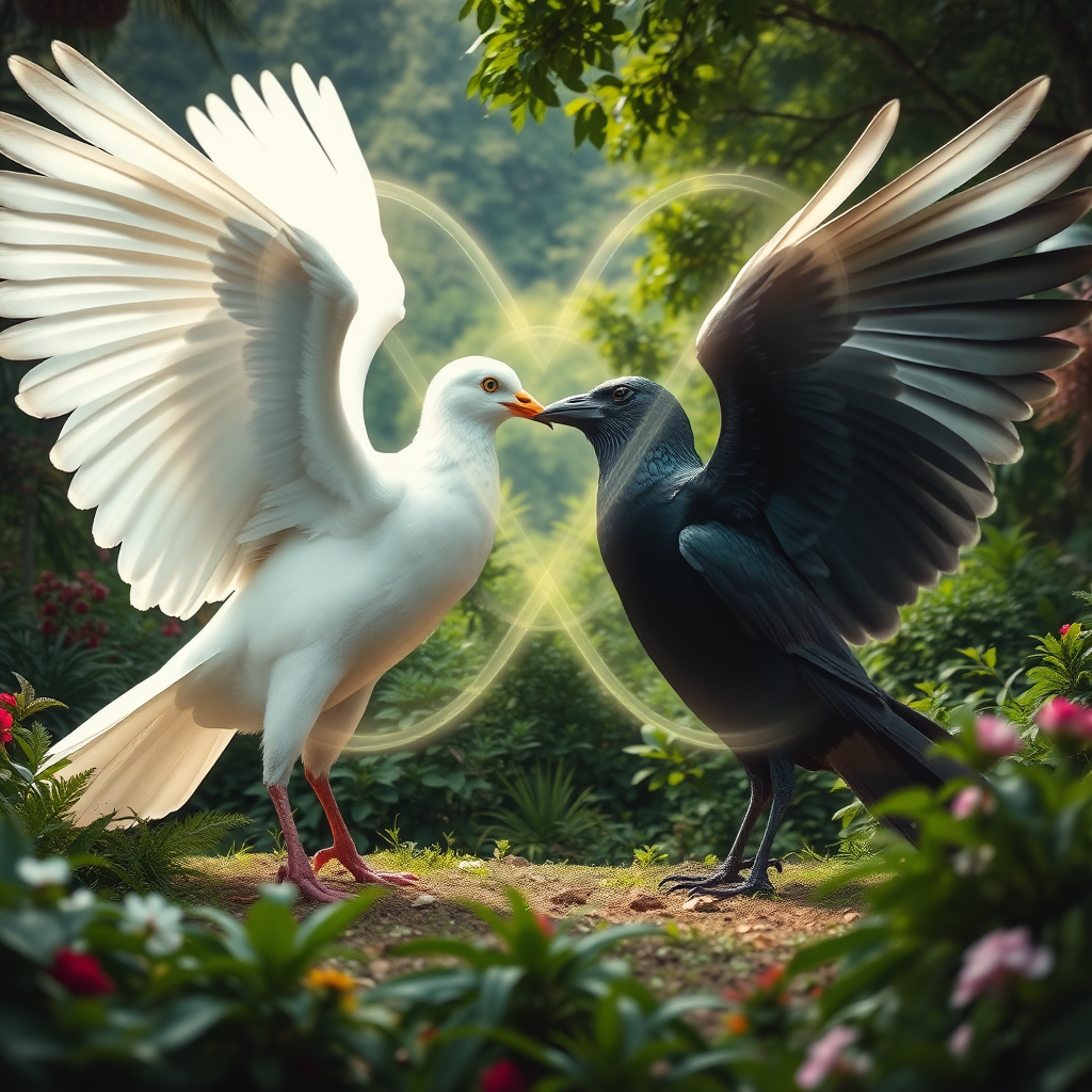 a huge white dove and a huge black crow standing facing each other within a clearing in an incredible lush garden, slowly flapping their powerful wings. The beak of the dove is touching the beak of the crow. There is a large abstract infinity symbol of wavy, transparent light energy that intersects at the beaks and covers the entire bodies of the birds