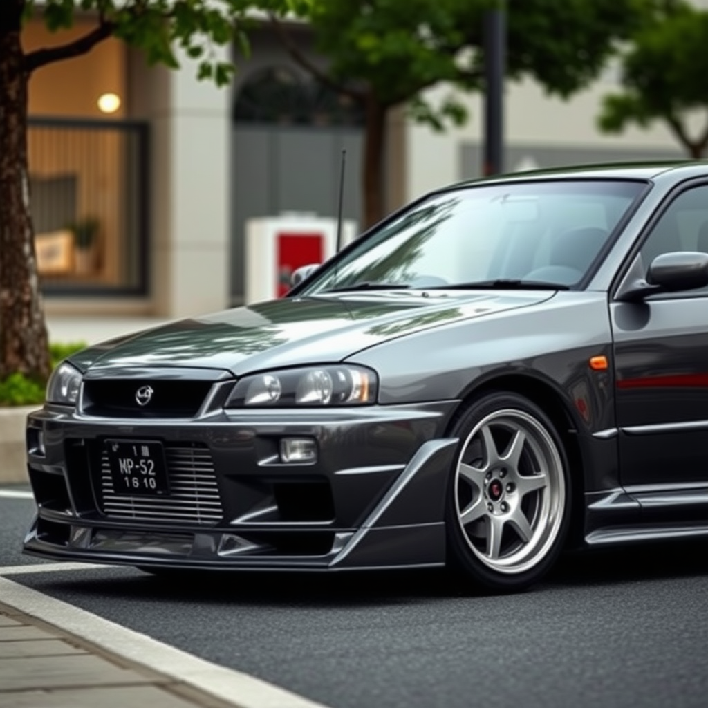 The car is parked on the side of the road, inspired by Taiyō Matsumoto, tumblr, restomod, nd4, c4 metallic shine gray black nissan skyline r34 tokyo arkaplan hatasız tam eksiksiz ayrıntılı genel gerçek detaylar en iyi fotoğraf poz sinematik hafif yağış su damlalar ıslak yol need for speed tarzı body kit