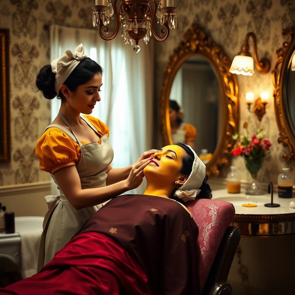 female french maids working in beauty parlour, giving turmeric facial to wealthy indian wife