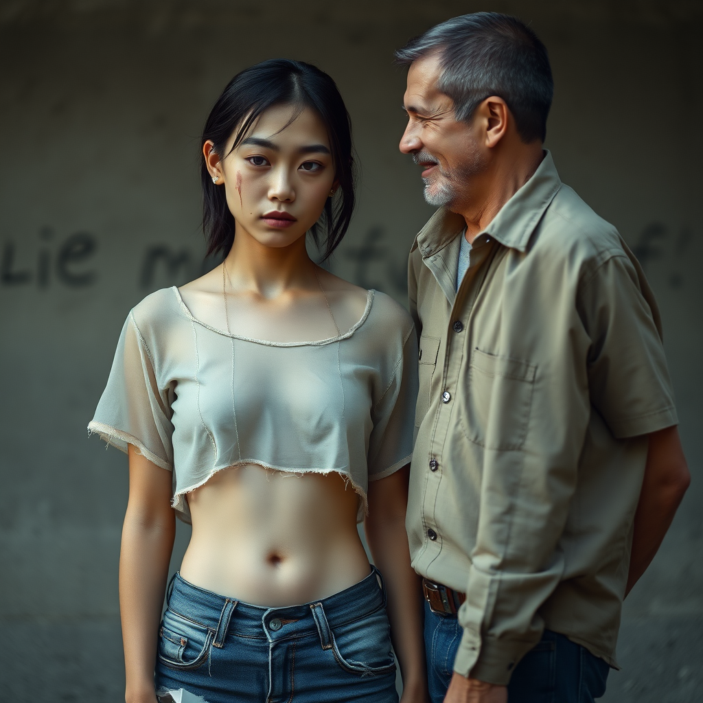 A young, unkempt, neglected, homeless, unhygienic Asian woman who seems out of this world is portrayed as a complete person. She is largely erotic, but with an extremely sad and mystically haunting expression. The Asian woman wears a torn, old, completely transparent, extremely short, and crop top shirt, and a completely tattered, shredded, old short panty. An intense sense of shame is evident on her face. She is deeply ashamed. Her small and inconspicuous navel is always visible. The Asian woman has a very beautiful, normal, youthful, yet feminine body. She has a noticeable wound on her face and looks as if she is about to cry. She appears pitiful, sad, and utterly hopeless! It seems as if she is afraid of something! Facing her is a 60-year-old German man. The German man, still youthful-looking and well-groomed, gazes at the Asian woman as if he is offering her his help. The German man is shaven and slim, has a normal fashionable haircut, and his hair is dark brown. He wears a new, nice but plain beige shirt with a subtle pattern and new dark blue jeans. The German man looks sympathetic, smiles faintly, and looks at the Asian woman kindly, as if he feels great pity for her. The Asian woman can't look the German man in the eyes due to her shame.