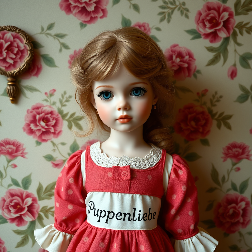 ooak art doll, artist doll, realistic doll, life-like porcelain doll, young preteen girl, unique personality, bisque doll, floral wallpaper, text "Puppenliebe" on dress