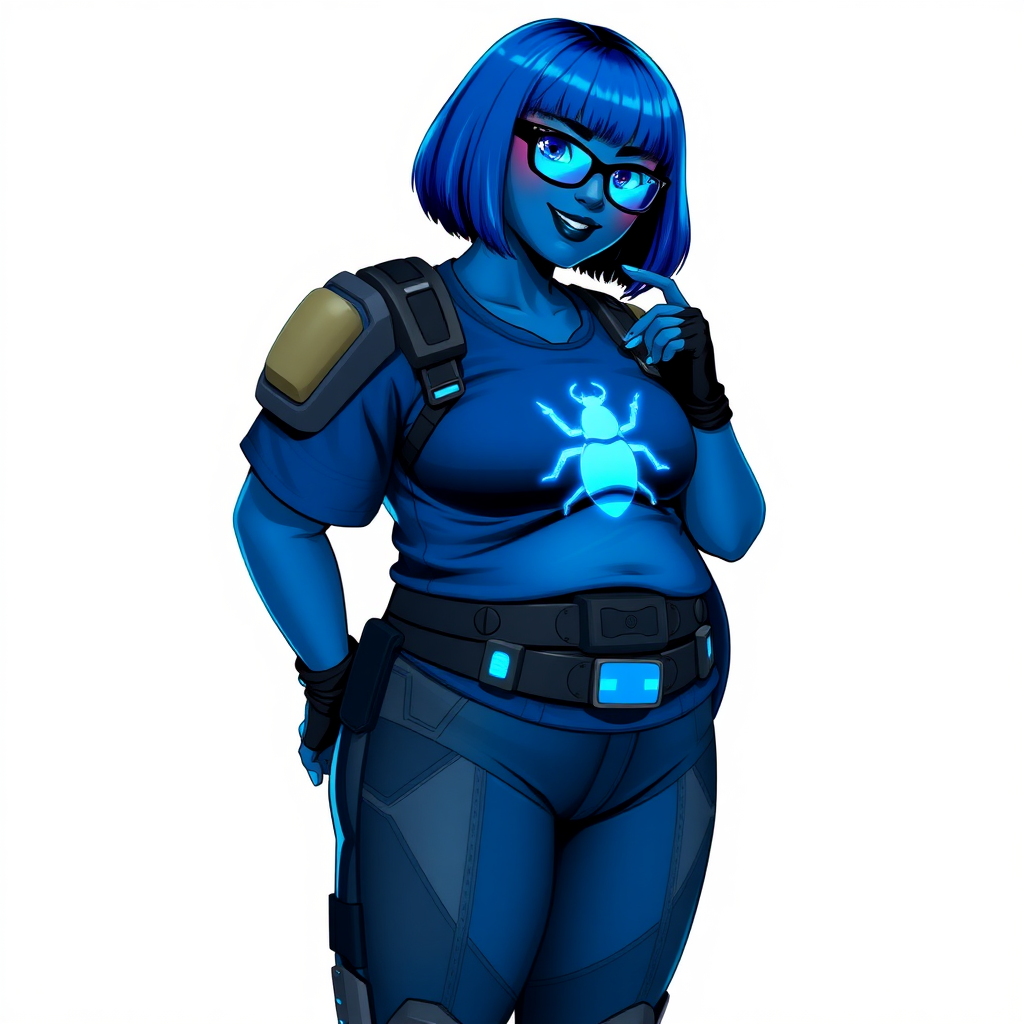 A 28-year-old, full-figured, deep metallic dark blue (5PB 4/10) skinned computer program hybrid with a maximum blue bob cut. She has a non-athletic build, highlighted by a prominent, round, large midsection (with full emphasis on her large belly), which shows the effects of her new love of junk food acquired from her link with her boyfriend. As the full-figured, nerdy, digital sidekick to her cyberpunk vigilante boyfriend, her metallic deep dark blue skin and maximum blue lipstick (5PB 5/12) emphasize her digital nature. Her skin has a subtle, animated glow, with digital patterns occasionally flickering across it, making her digital nature obvious. She wears a digital, computerized costume, consisting of a huge, tight-fitting, maximum blue t-shirt (5PB 5/12) with a neon glowing blue chest icon of a beetle, hi-tech shoulder pads with neon blue accents, a black hi-tech belt with a digital neon blue glowing buckle, digital maximum blue biker pants (5PB 5/12) with neon blue accents, and black hi-tech fingerless biker gloves with neon blue glowing accents. Her neon blue glowing eyes, black eyeglasses with neon blue glowing lenses equipped with a built-in HUD, and bashful smile with neon red blush accentuate her nerdiness. She stands bashfully with one hand behind her back and the other hand gently touching her cheek, her costume covering all her skin and fully emphasizing her full-figured physique (especially her large belly). She is clearly non-athletic, with a full focus on her full-figured physique. Despite her build, she radiates beauty. She has a slim face compared to her physique, accentuating her radiant beauty. She is on a solid white background. She is drawn as if she were in a retro 2D cyberpunk fighting game.