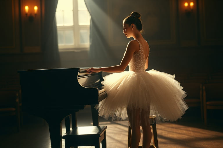 In the dim-lit auditorium of a historic ballet company theater, the air is thick with a sense of nostalgia, the kind that whispers stories of artistry and talent. A ballerina, poised elegantly on a weathered wooden stool, plays a grand piano with a mastery that transforms each note into a haunting melody. Clad in a delicate, ivory vintage tutu adorned with intricate lace and shimmering sequins that catch the soft light, her hands glide over the polished ebony keys, creating a symphony that echoes through the room.

The stage is bathed in a magical, ethereal glow, casting warm, golden highlights that accentuate the ornate details of her costume and the glossy sheen of the piano’s surface. Shadows dance gracefully along the walls, mingling with the muted colors of the velvet curtains that frame the stage. The scent of aged wood mingles with a faint hint of blooming jasmine wafting in from an open window, enhancing the dreamlike quality of the moment.

As she plays, a hushed silence envelops the audience, each note evoking memories and emotions that hang in the air like an invisible tapestry. The ballerina’s expression is serene yet deeply introspective, revealing a connection to the music that transcends the physical realm. Her fingers move with a fluid grace, reminiscent of the graceful pirouettes she performs when dancing, as if her entire being is infused with the rhythm of the piece.

In this intimate setting, the atmosphere pulses with a bittersweet beauty, where the past and present intertwine, inviting all who are present to lose themselves in the enchanting world of dance and melody that unfolds before them.