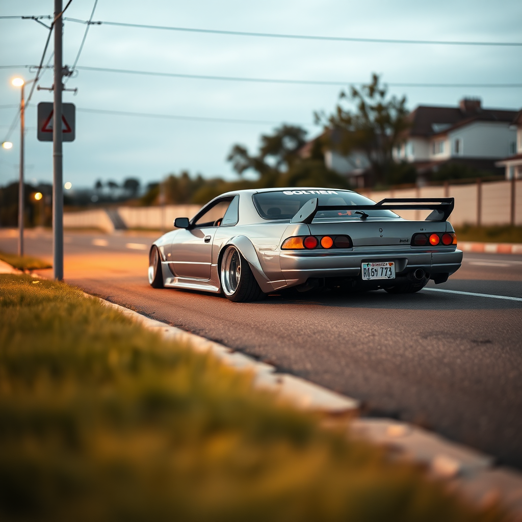 concept tuner nissan silvia s14 the car is parked on the side of the road, inspired by Taiyō Matsumoto, tumblr, restomod, nd4, c4