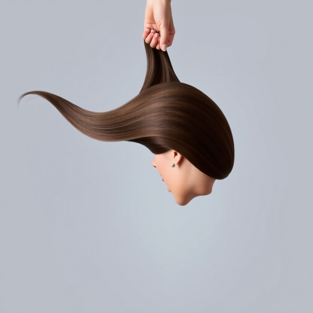 A surreal image of the beautiful disembodied head of a very long haired Kate Middleton. A hand is grasping the ends of her hair at the top of the frame while her head is hanging down from the other end. Plain gray background.