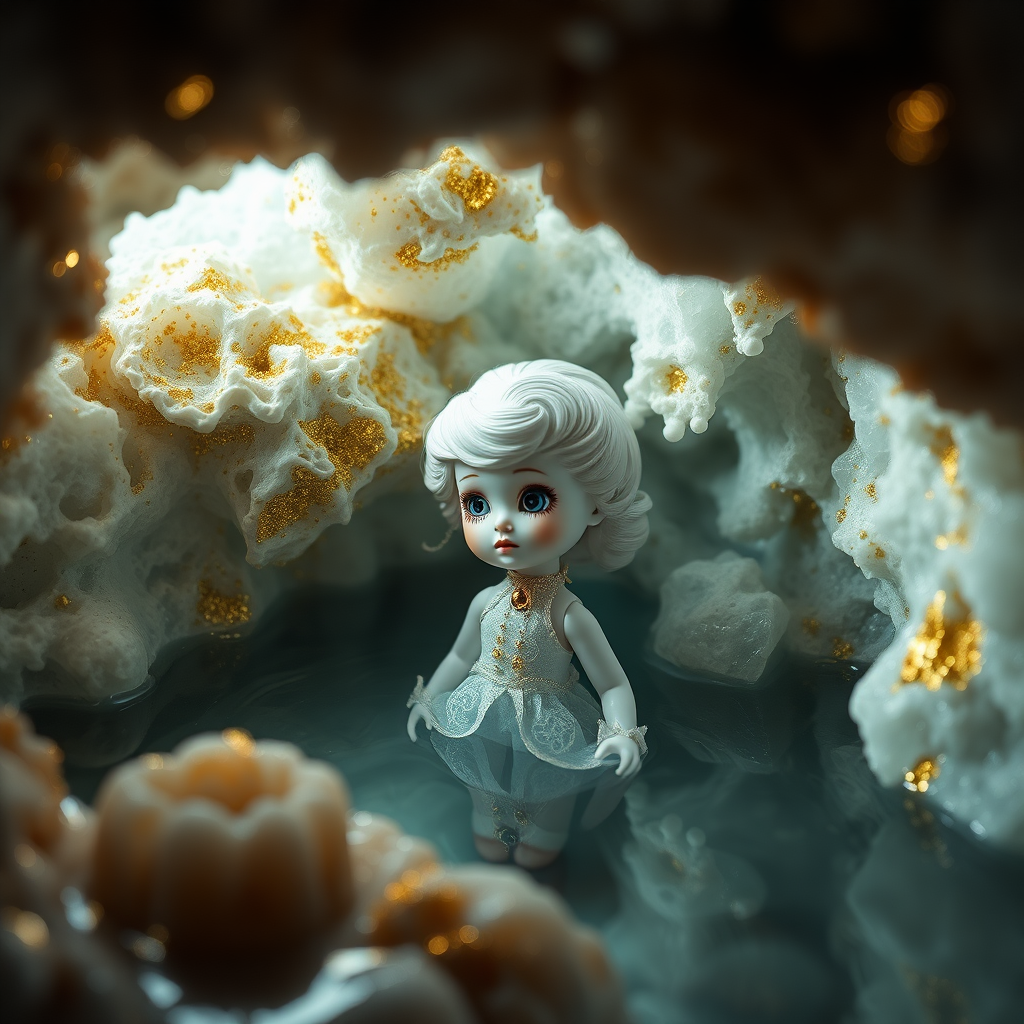 a porcelain doll in a flooded cave, artists doll, bjd, high quality photo, intricate environment, ultra-detailed, impressionistic, dynamic composition, artistic photograph, porcelain, geode, alabaster, gold, fractal, intense colors, glittering, sunlight, illumination, transparency, mandelbulb