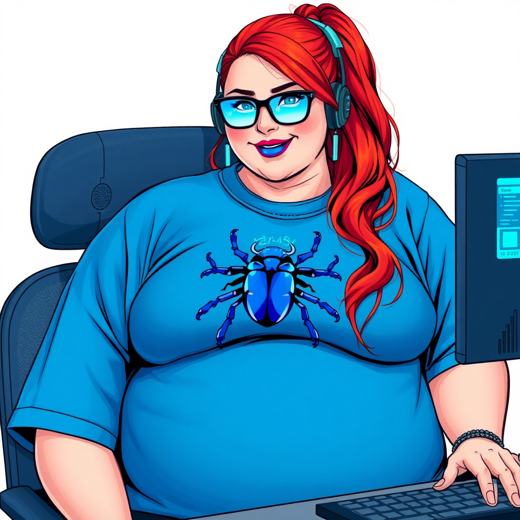 A cyberpunk vigilante’s full-figured intelligent and tech-savvy 28-year-old girlfriend, who is a computer hacker and tech genius. She has a long ruby red ponytail. She wears maximum blue lipstick, bright blue eyes, a sapphire beetle gemstone necklace, sapphire earrings, black eyeglasses, and an oversized maximum blue t-shirt featuring a blue sapphire gemstone crusted beetle chest icon. She has a full-figured physique with a prominent, massive, round belly, reflecting her well-cared-for lifestyle. She sports a sapphire headset with a hi-tech maximum turquoise lensed HUD, and a shy smile with a neon red blush. She serves as his tech expert from his hideout, diligently working at her lab table computer desk. The background is solid white. She is drawn as if she was in a retro 2D cyberpunk fighting game. Ensure her t-shirt covers her belly.