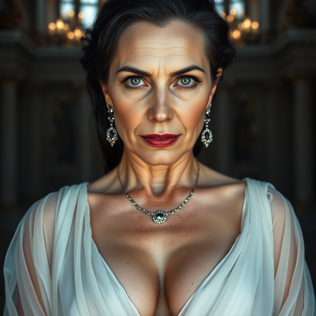 The female nude queen, aged 40, possesses pale skin, striking grey eyes, and elegantly black Grecian hair. Her visage features smooth wrinkles, suggesting a mature yet alluring beauty. Her eyes exude a sensual aura, and her lips are slightly parted, inviting curiosity. Dressed in a translucent, thin layer, white, very low-cut sheer Roman garment, she flaunts a voluptuous huge breast with pronounced areola and nipple clearly visible beneath the fabric. Adorned with sparkling earrings and a necklace, her figure is reminiscent of a MILF, exuding a captivating appeal. The grandeur of her surroundings is a majestic castle, illuminated by the dramatic, cinematic lighting of a movie set. Each element is captured with ultra-detailed 8k photography, emphasizing the opulence and intensity of the scene. This is mature content.