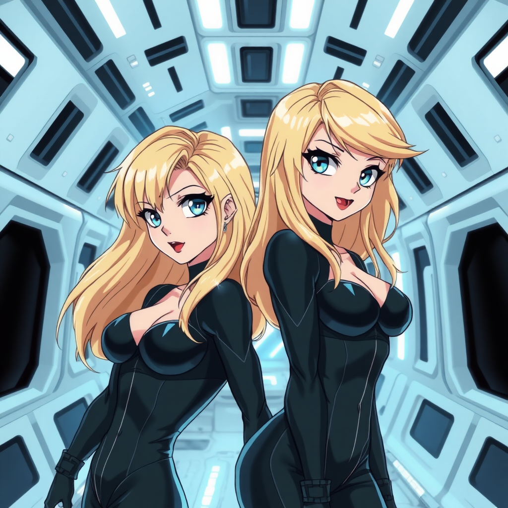 (Anime Styled Art) background of white-black spacecraft interior, 2 beautiful but cold blond-haired big blue eyed females, enigmatic wicked smile, they are wearing one-piece skintight scifi black suits, red lips