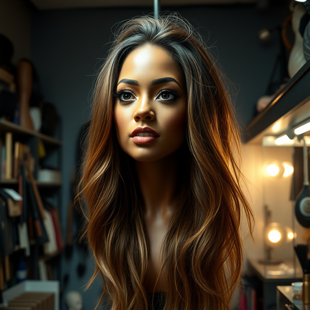 In a well lit, eccentric long hair fetish store, a strikingly unique and surreal display draws attention: the real live, flesh-and-blood disembodied head of a stunning woman reminiscent of Beyoncé, her long, flowing hair cascading like a silky waterfall around her neck. The luxurious strands shimmer with intricate highlights, ranging from deep ebony to sun-kissed gold, accentuating her perfectly sculpted features. Her captivating, dark eyes glisten with an enigmatic allure, expressing an uncanny mix of grace and mischief. 

The background is a plain, muted gray, contrasting sharply with the vibrant beauty of the head and her extravagant hair, allowing viewers to fully focus on the astonishing sight. Subtle whispers float through the air, blending with the soft rustle of hair as it sways gently, creating a sense of uncanny vitality. The atmosphere is thick with a mixture of curiosity and fascination, as shoppers, drawn in by the bizarre display, exchange incredulous glances and hushed conversations, their excitement palpable. 

The shop’s interior is cluttered yet inviting, filled with an array of hair-related items: brushes, wigs, and accessories, each designed to celebrate the beauty and allure of long hair. Dim, ambient lighting adds to the mystique, casting playful shadows that dance around the room, enhancing the surreal quality of the disembodied head on display. It's an experience that blurs the lines between reality and fantasy, tugging at the viewer’s imagination and evoking a sense of wonder.