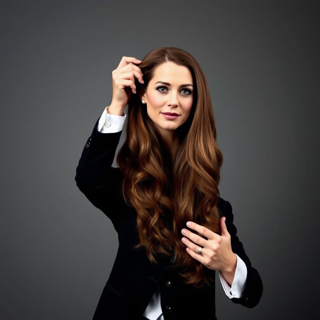 A surreal image of a magician holding up the disembodied head of a very long haired Kate Middleton. He is grabbing her by her long hair and holding up her head high in the air to display it to the camera. Plain gray background.